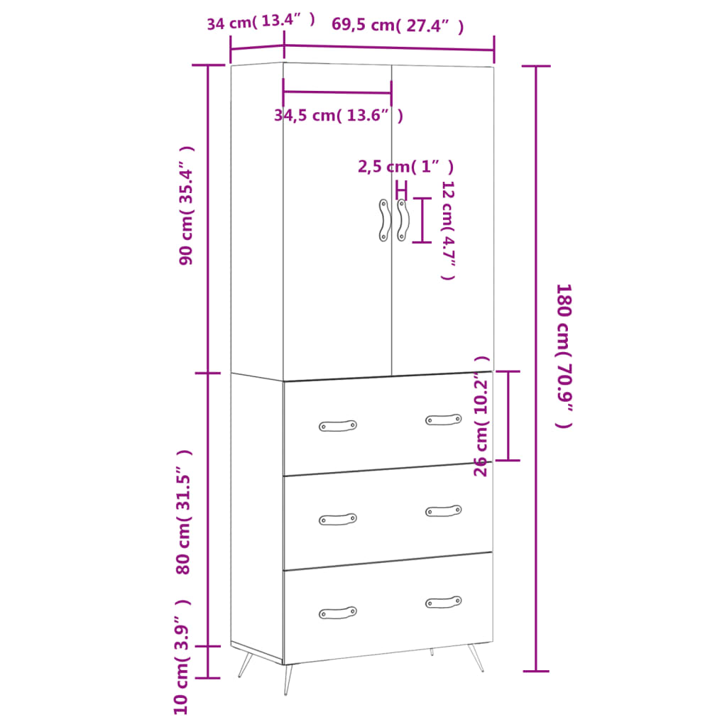 vidaXL Hoge kast 69,5x34x180 cm bewerkt hout hoogglans wit