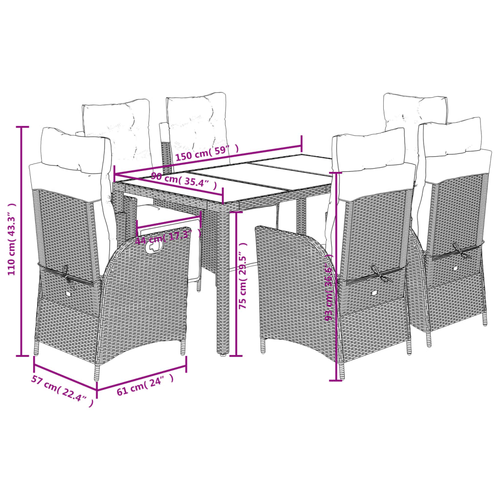 vidaXL 7-delige Tuinset met kussens poly rattan zwart