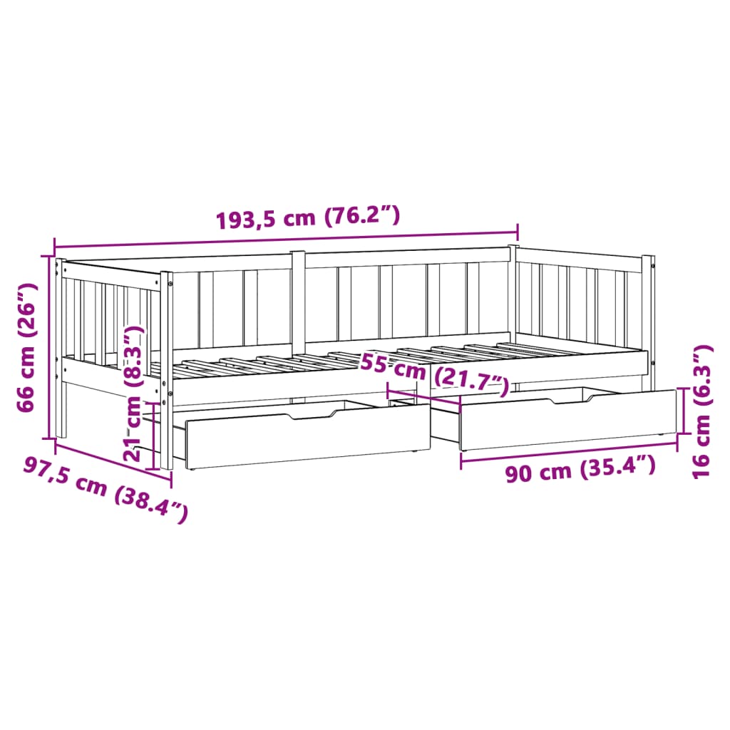 vidaXL Slaapbank met lades 90x190 cm massief grenenhout wit