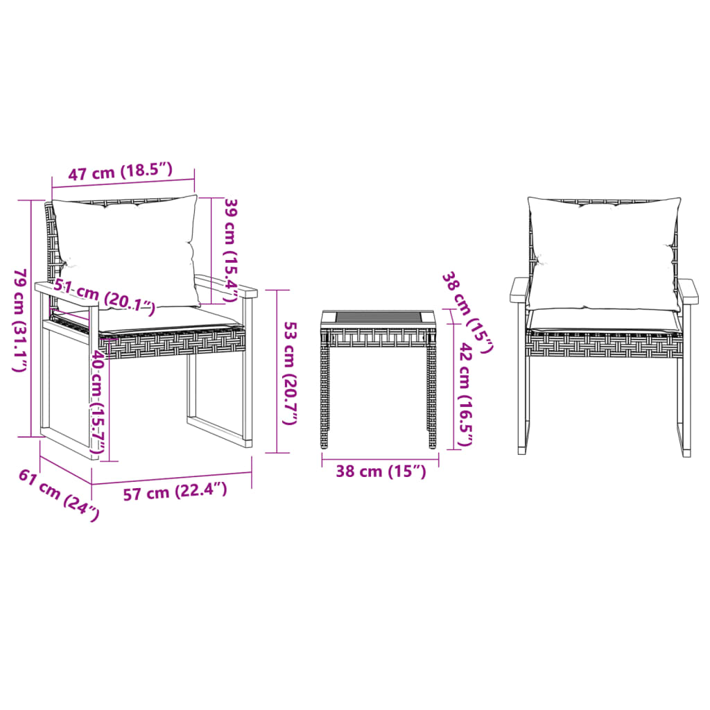 vidaXL 3-delige Bistroset en kussens poly rattan en hout gemengd beige