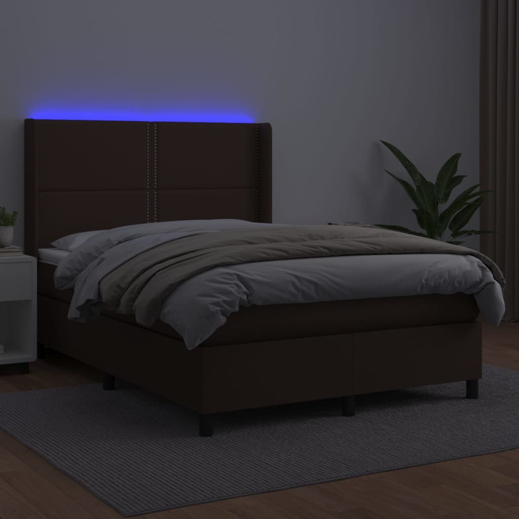 vidaXL Boxspring met matras en LED kunstleer bruin 140x200 cm