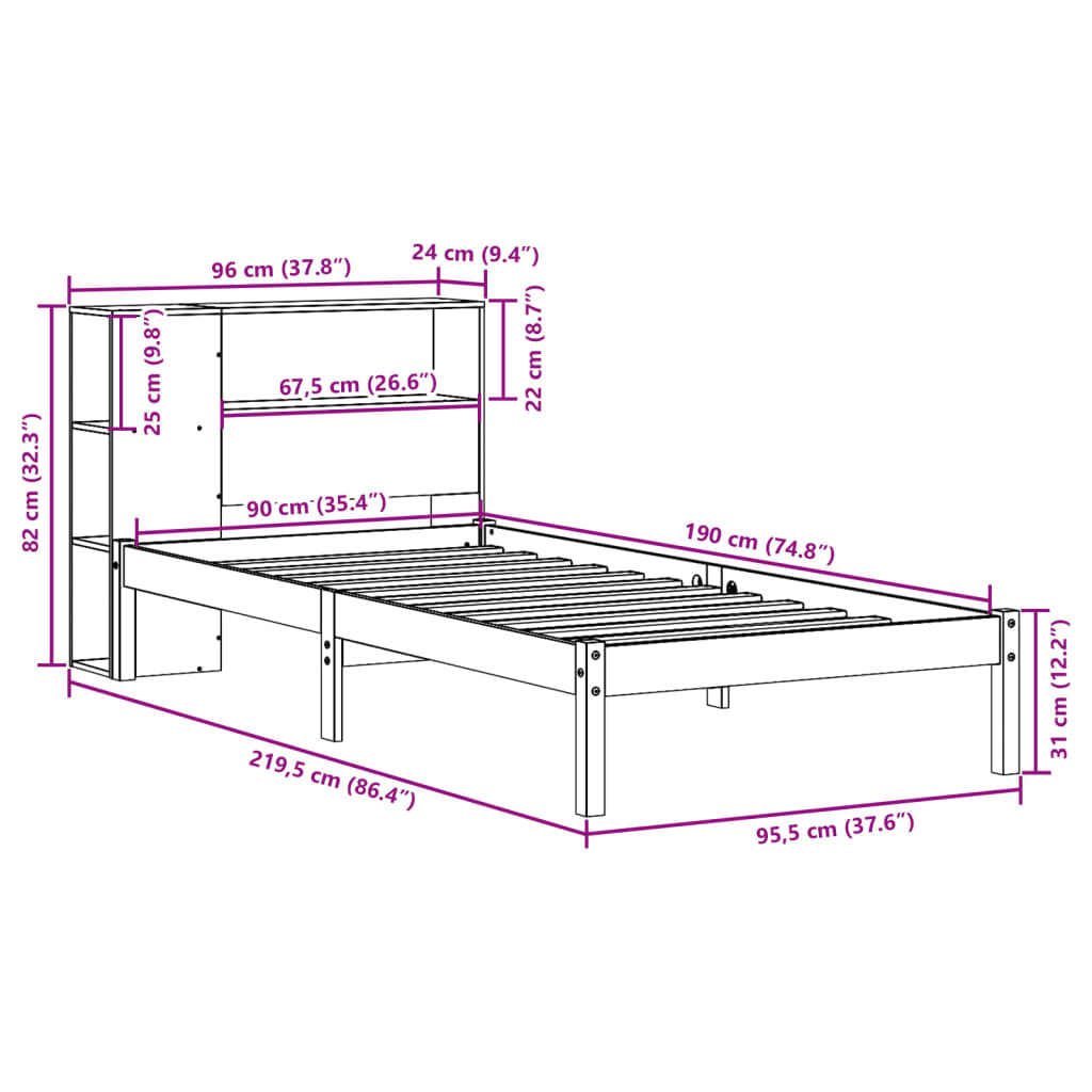 vidaXL Bed met boekenkast zonder matras massief grenenhout 90x190 cm