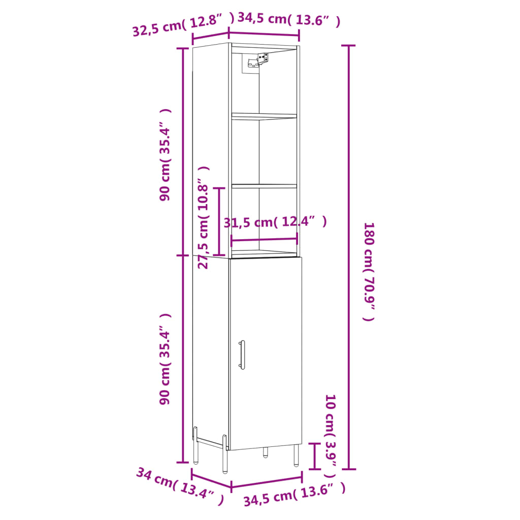 vidaXL Hoge kast 34,5x34x180 cm bewerkt hout hoogglans wit