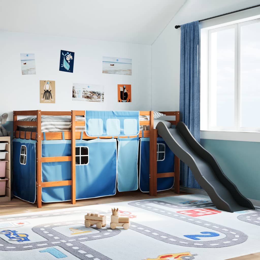 vidaXL Kinderhoogslaper met gordijnen 80x200 cm grenenhout blauw