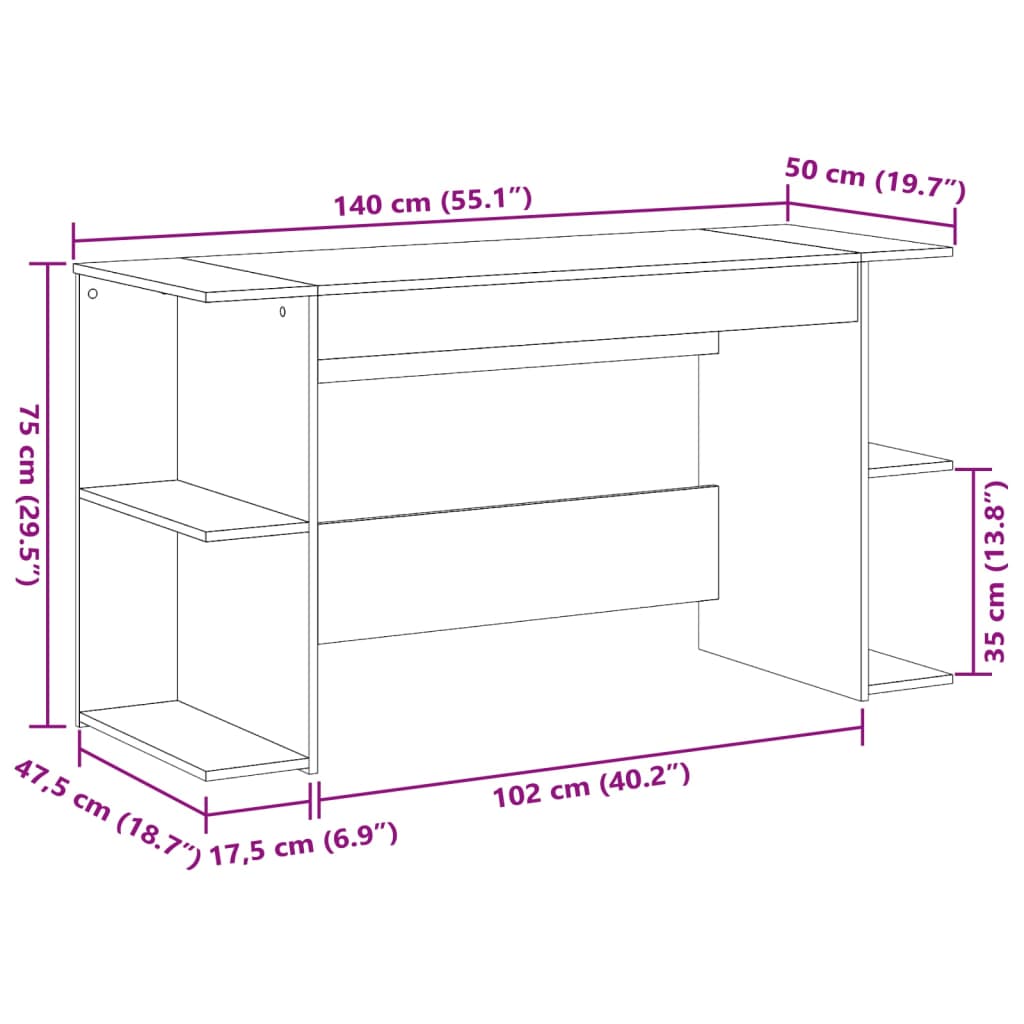 vidaXL Bureau 140x50x75 cm bewerkt hout grijs sonoma eikenkleurig