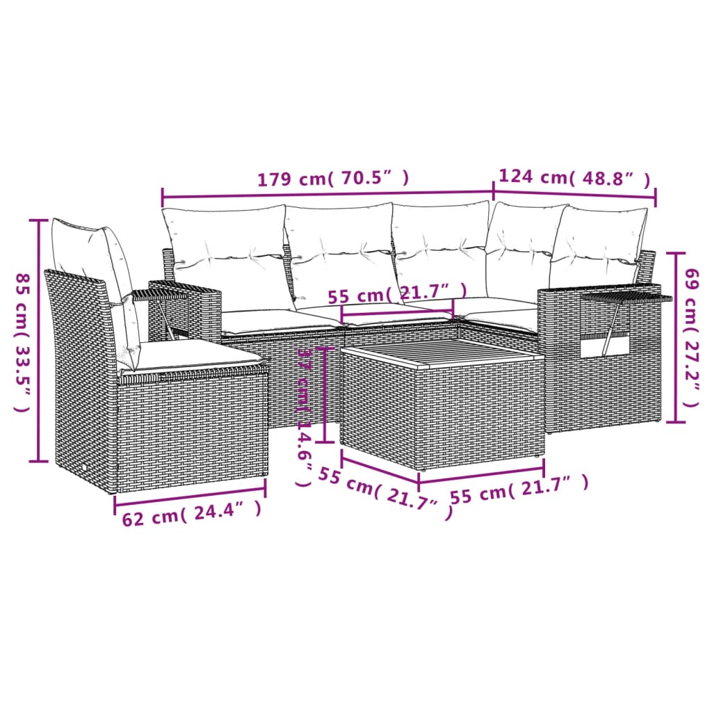 vidaXL 6-delige Loungeset met kussens poly rattan beige