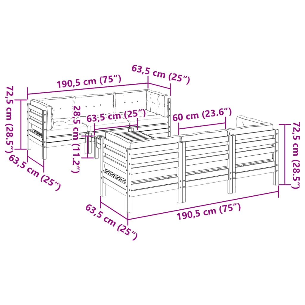 vidaXL 7-delige Loungeset met kussens massief grenenhout wasbruin