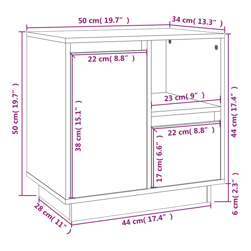 vidaXL Nachtkastje 50x34x50 cm massief grenenhout wit