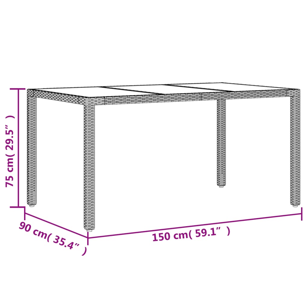 vidaXL Tuintafel met glazen blad 150x90x75 cm poly rattan grijs