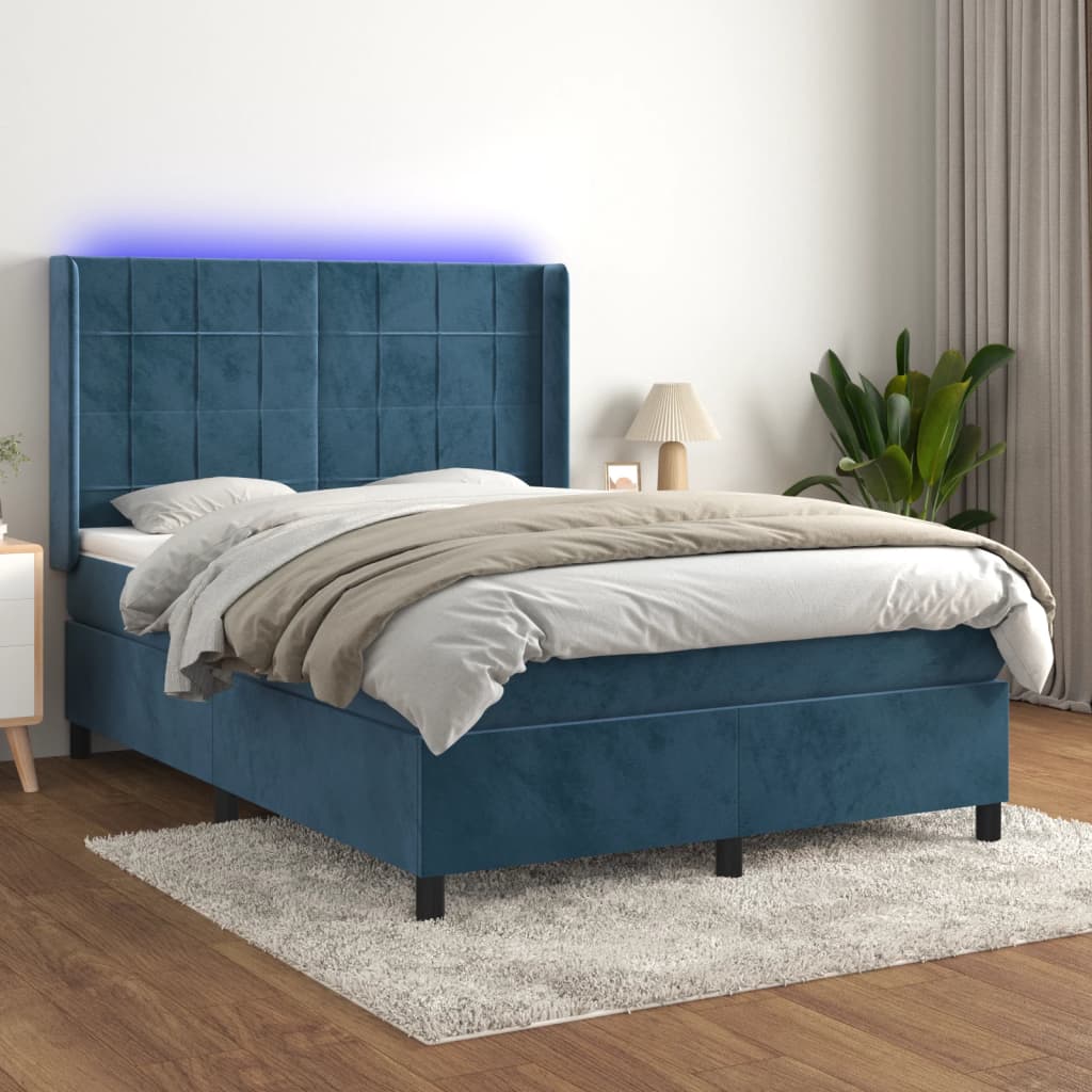 vidaXL Boxspring met matras en LED fluweel donkerblauw 140x190 cm