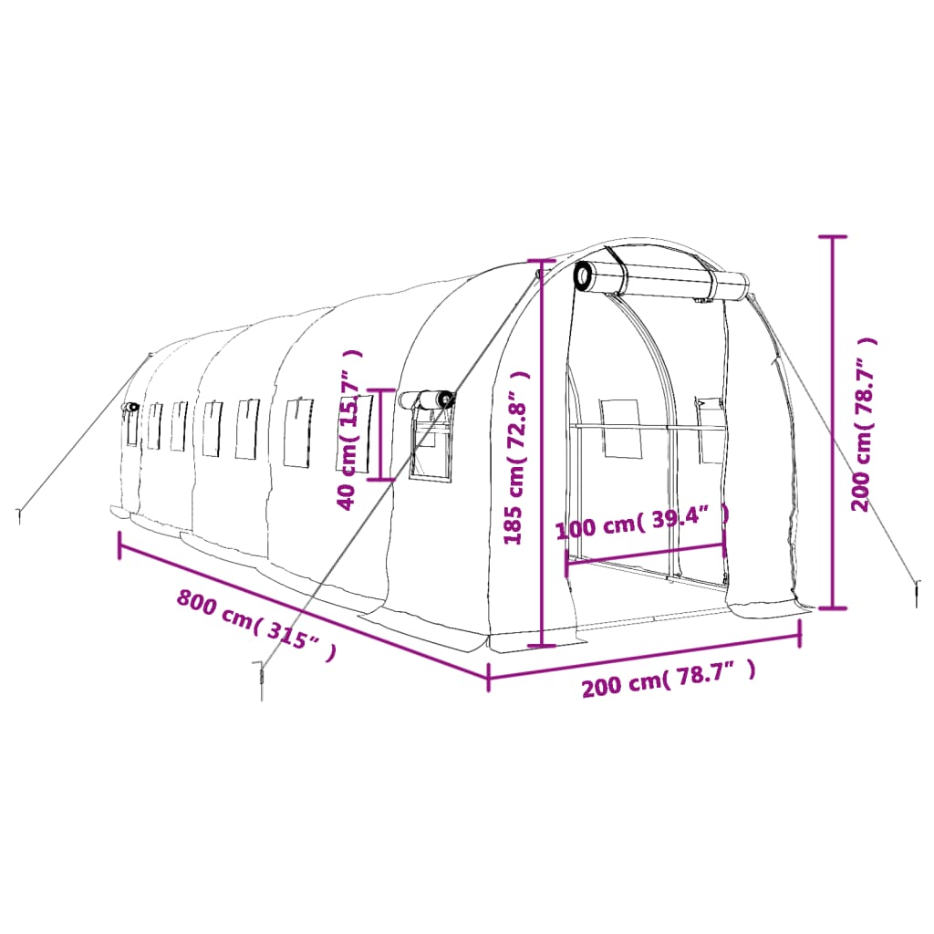 vidaXL Tuinkas met stalen frame 16 m² 8x2x2 m wit