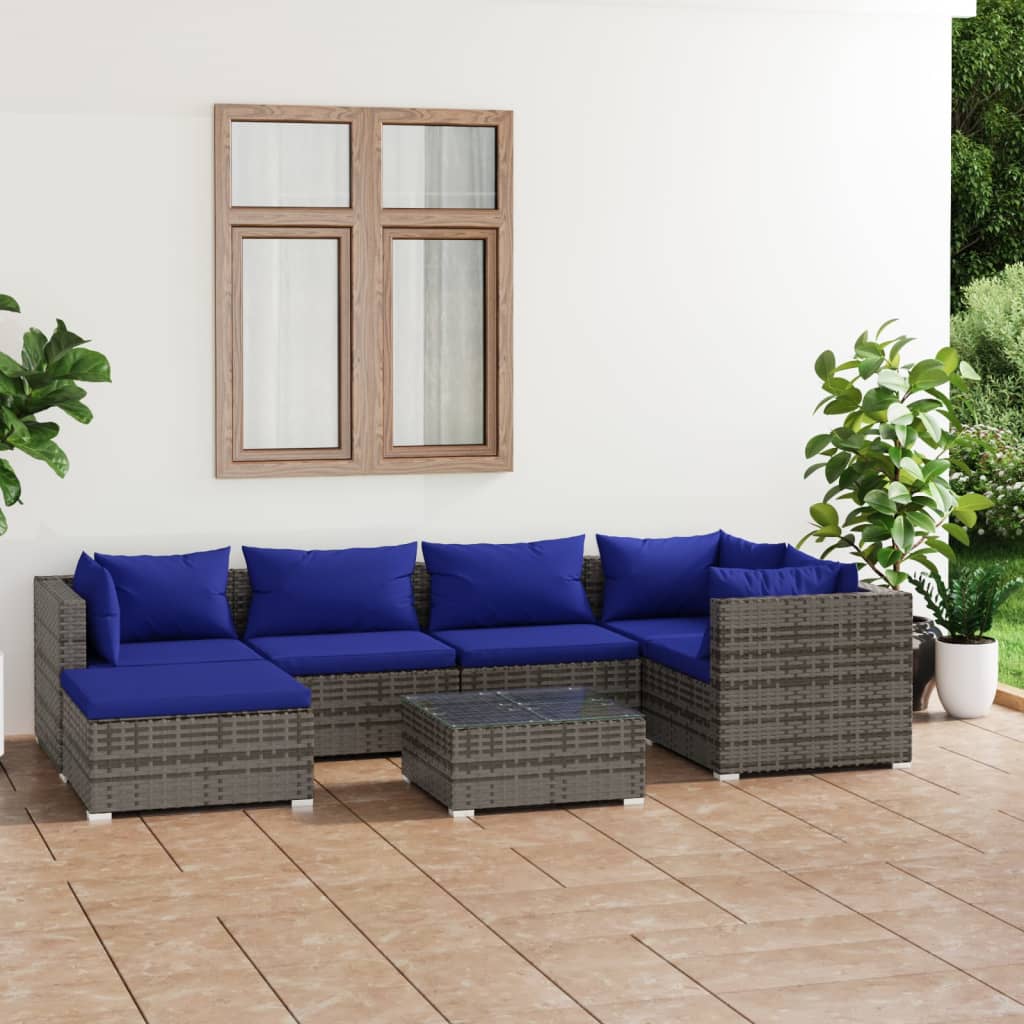 vidaXL 7-delige Loungeset met kussens poly rattan grijs