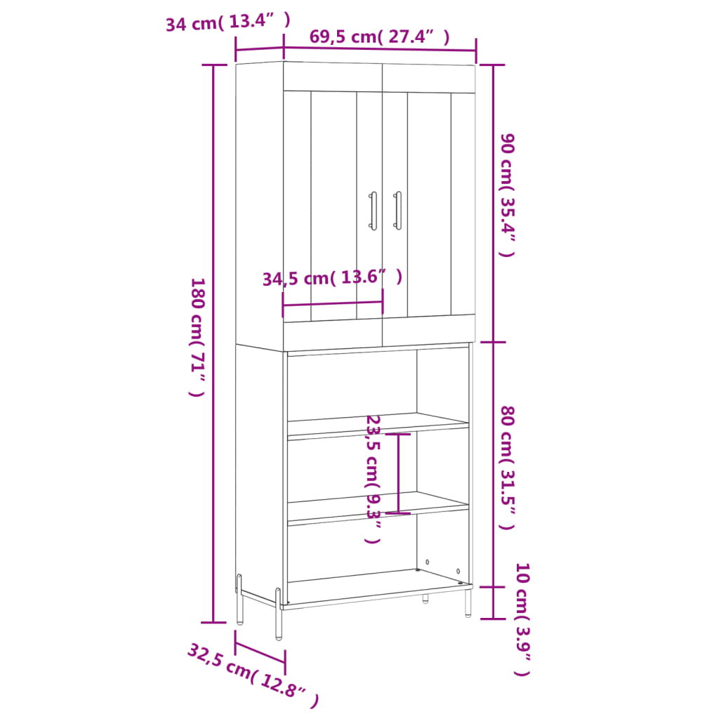 vidaXL Hoge kast 69,5x34x180 cm bewerkt hout hoogglans wit