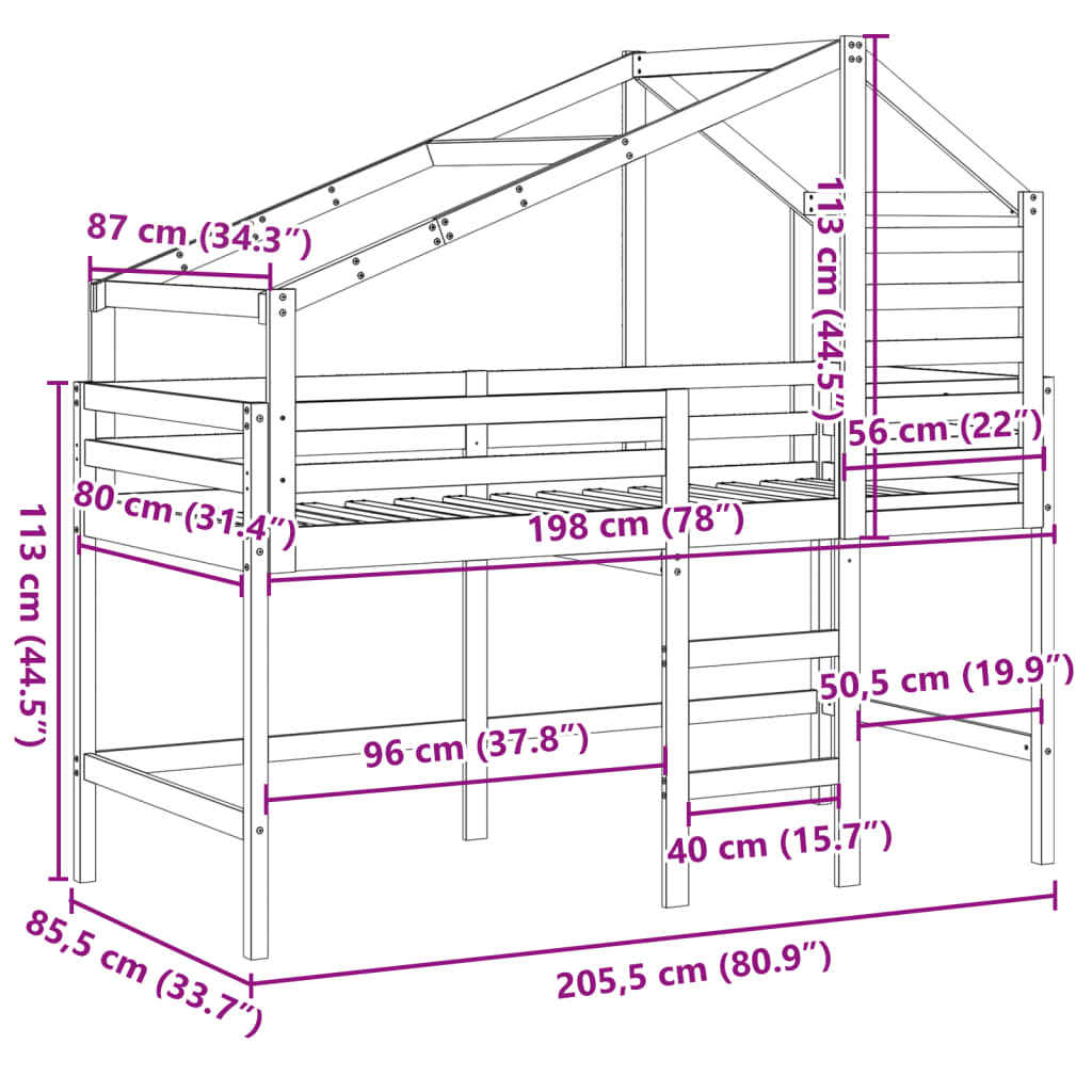 vidaXL Halfhoogslaper met ladder en bedhuis grenenhout 80x200 cm