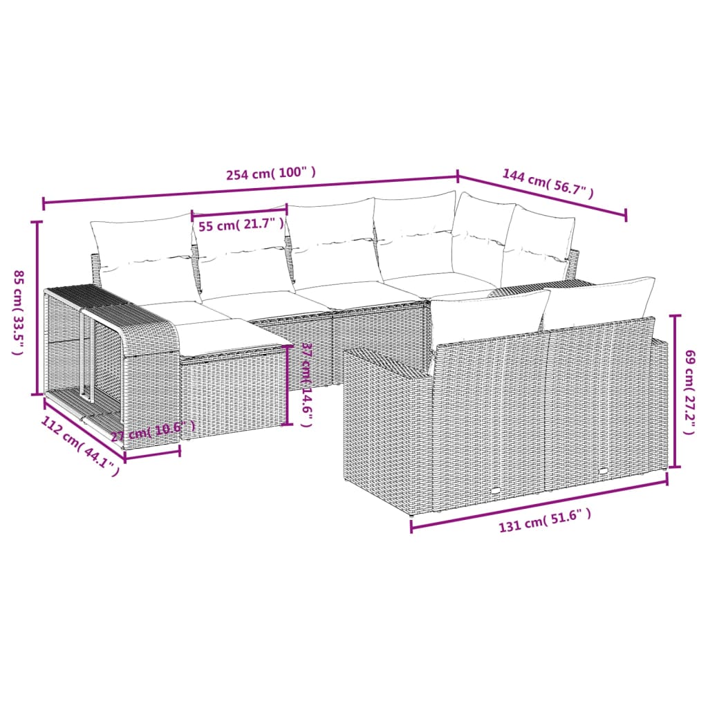 vidaXL 10-delige Loungeset met kussens poly rattan beige