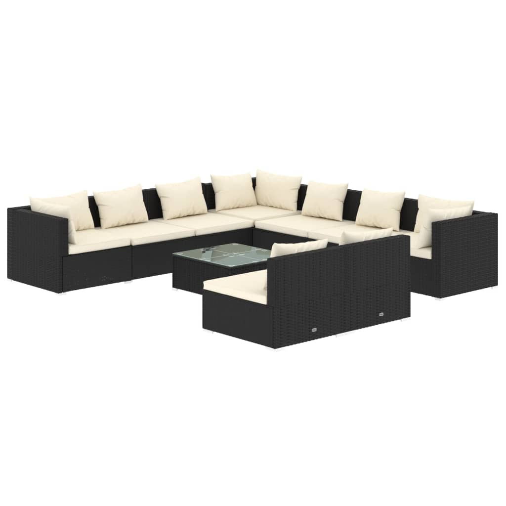 vidaXL 10-delige Loungeset met kussens poly rattan zwart