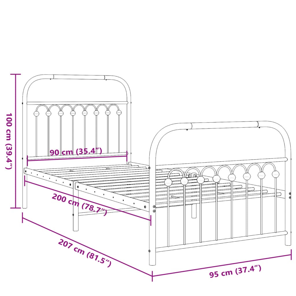 vidaXL Bedframe met hoofd- en voeteneinde metaal zwart 90x200 cm