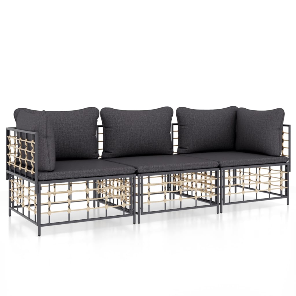 vidaXL 3-delige Loungeset met kussens poly rattan antracietkleurig