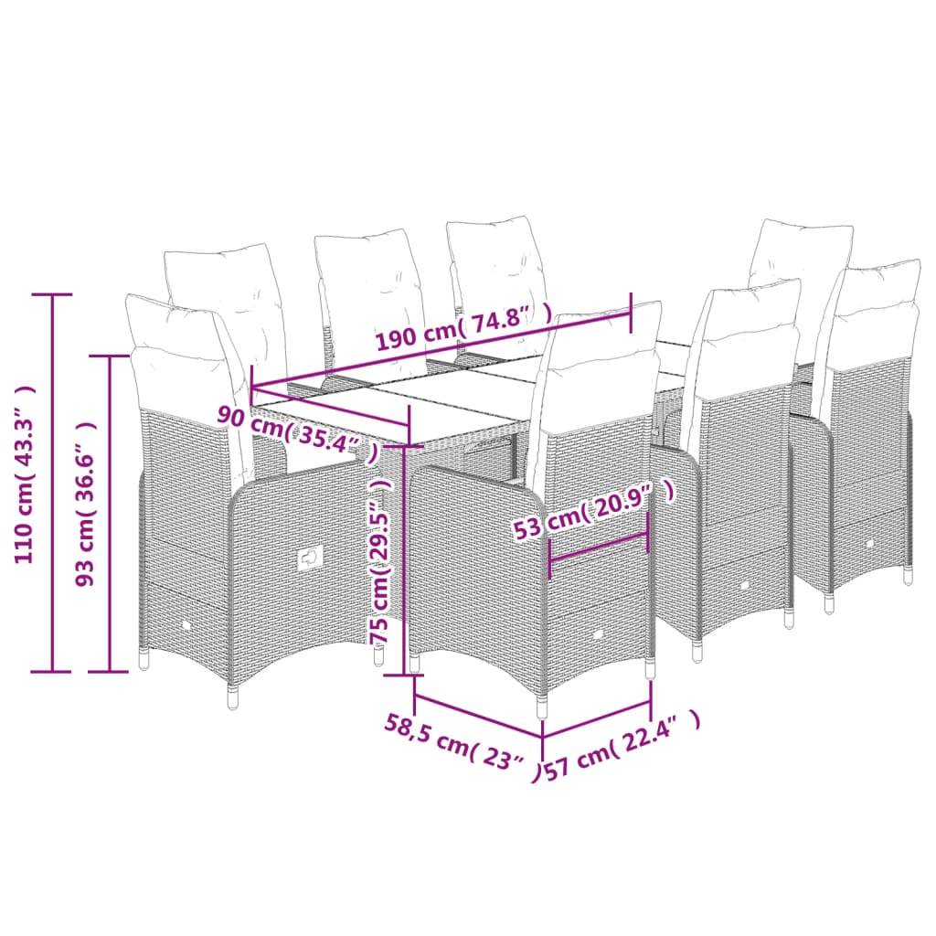 vidaXL 9-delige Bistroset met kussens poly rattan zwart