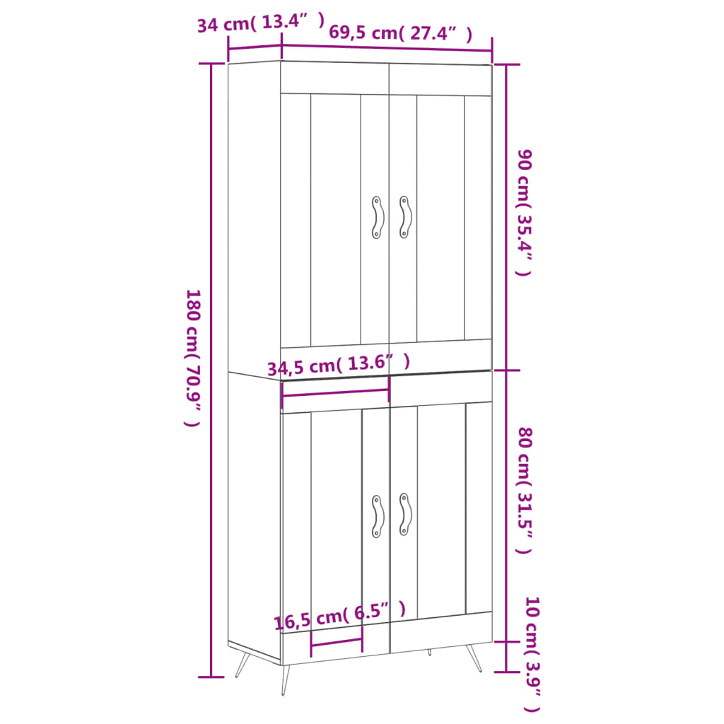 vidaXL Hoge kast 69,5x34x180 cm bewerkt hout betongrijs