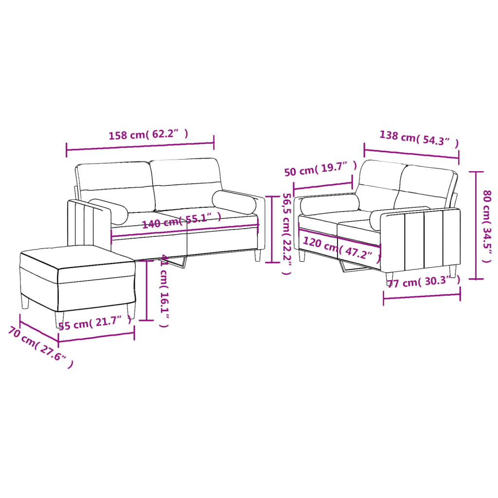 vidaXL 3-delige Loungeset met kussens stof donkergrijs