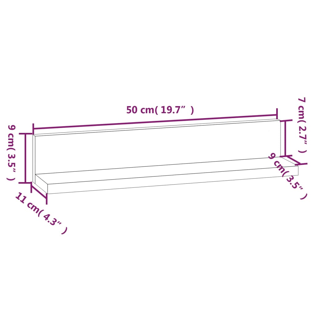 vidaXL Wandkasten 2 st 50x11x9 cm massief grenenhout zwart