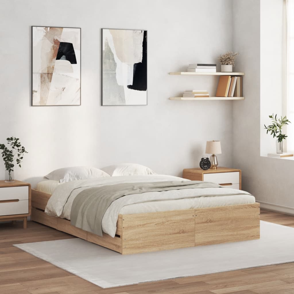 vidaXL Bedframe met lades bewerkt hout sonoma eikenkleurig 135x190 cm