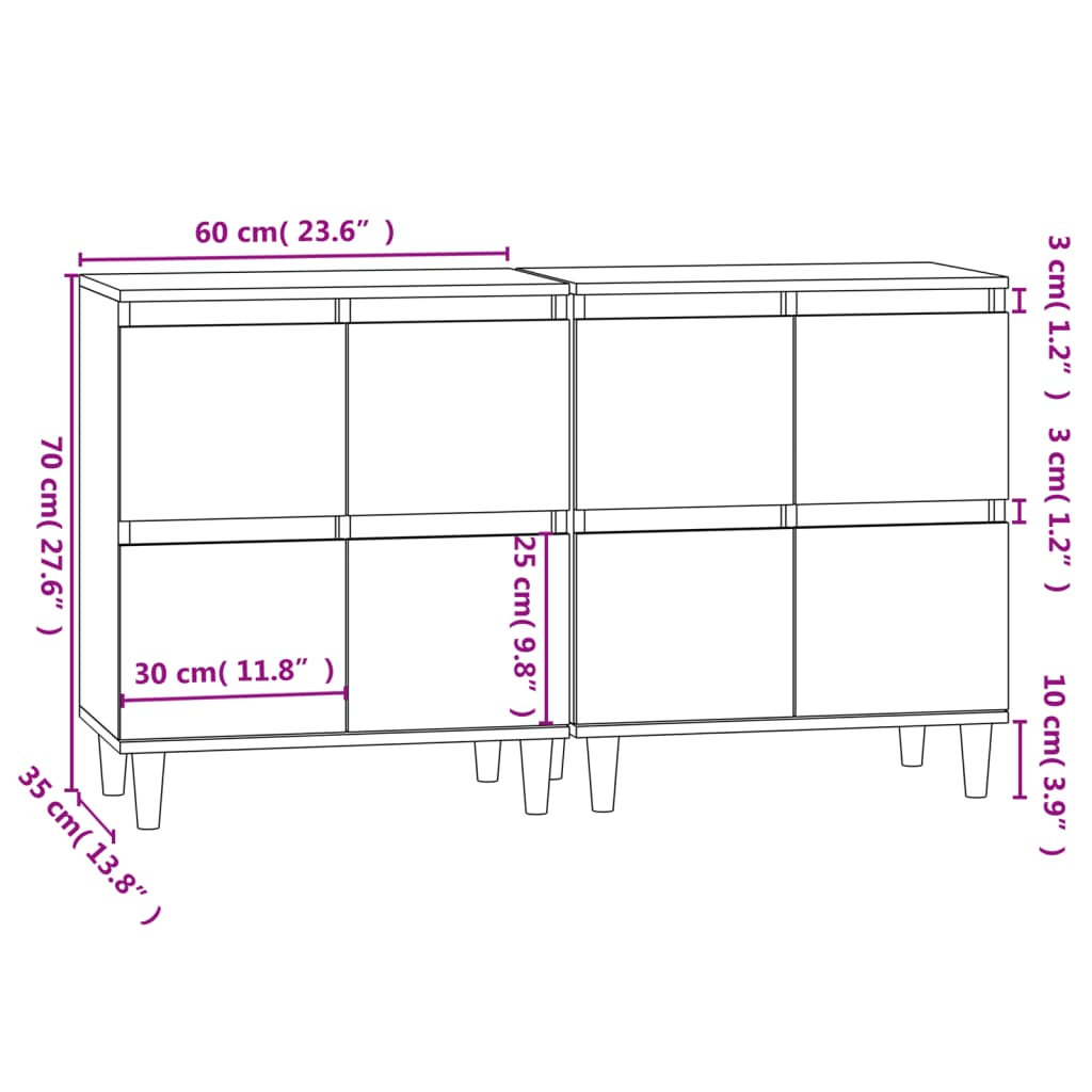 vidaXL Dressoirs 2 st 60x35x70 cm bewerkt hout sonoma eikenkleurig