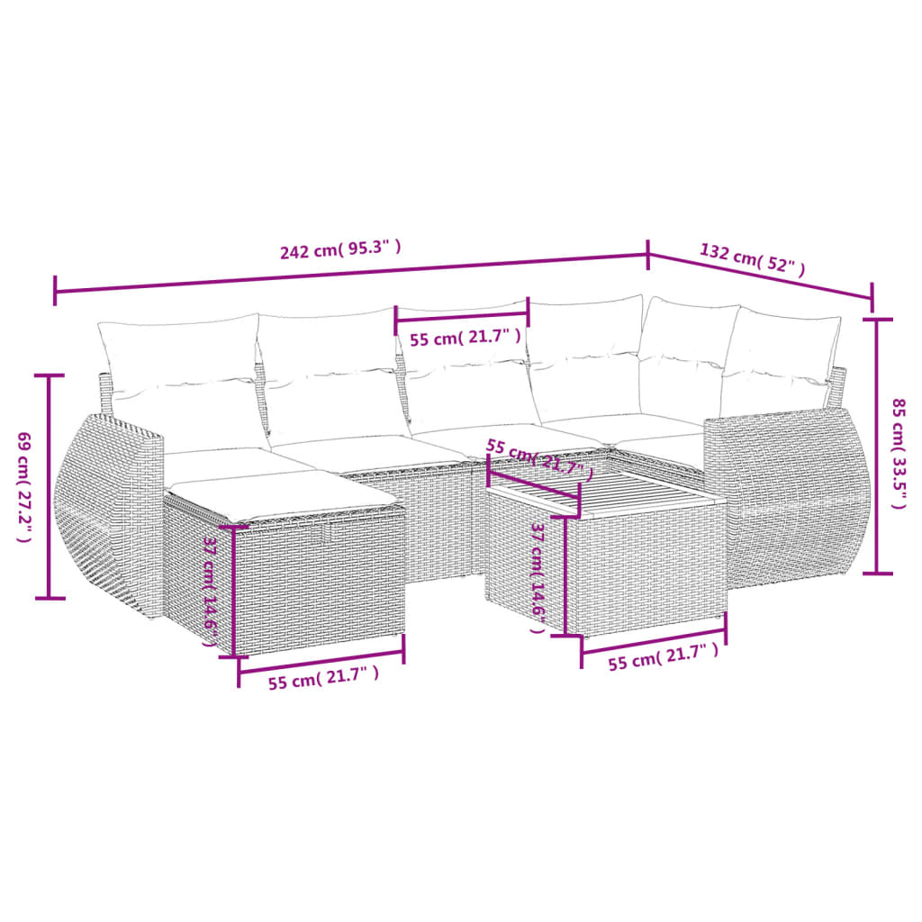 vidaXL 7-delige Loungeset met kussens poly rattan zwart