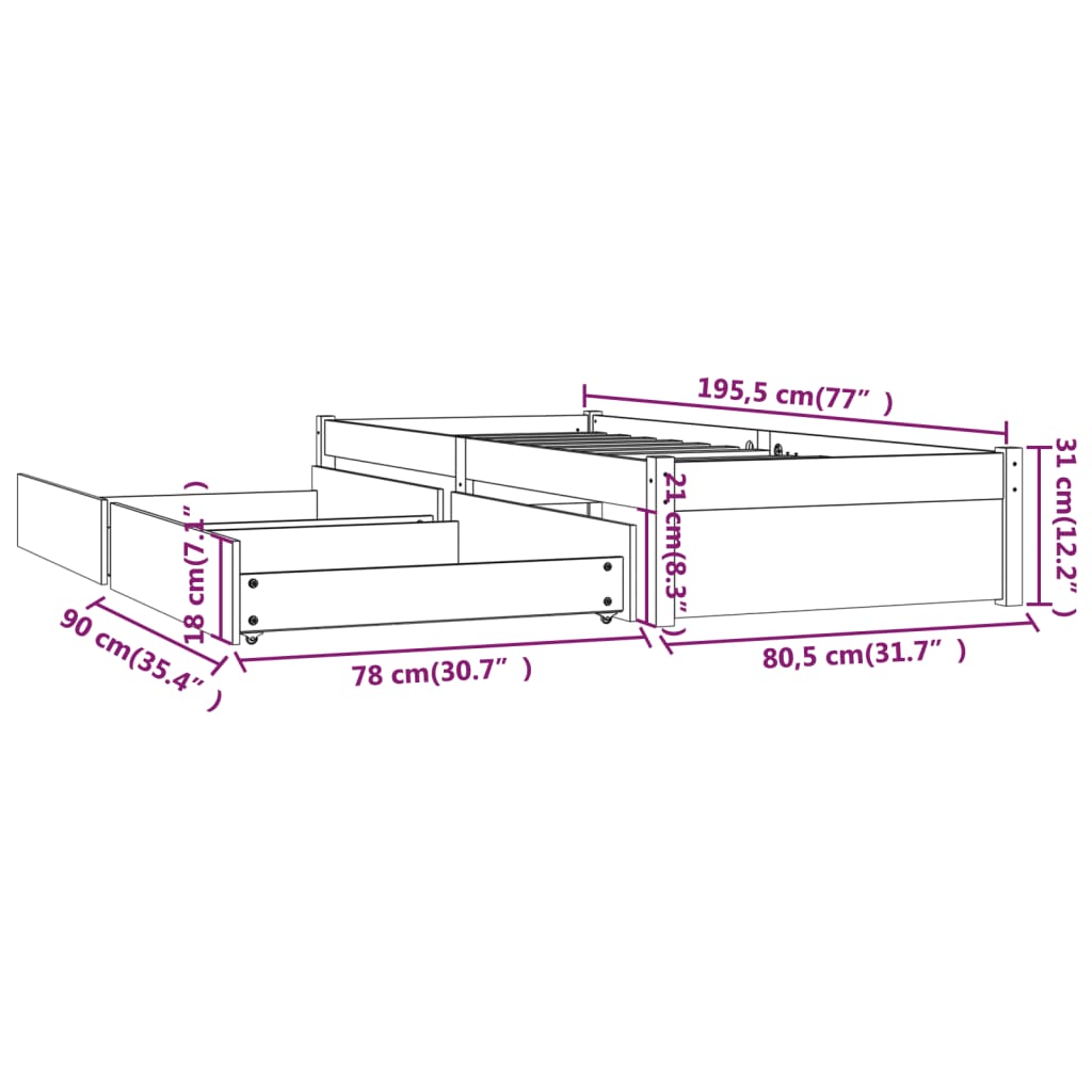 vidaXL Bedframe met lades wit 75x190 cm