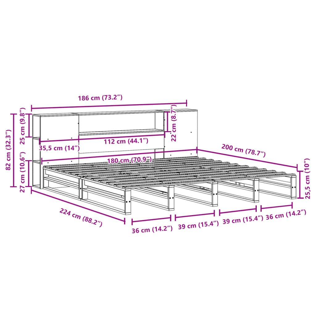 vidaXL Bed met boekenkast zonder matras massief hout wit 180x200 cm