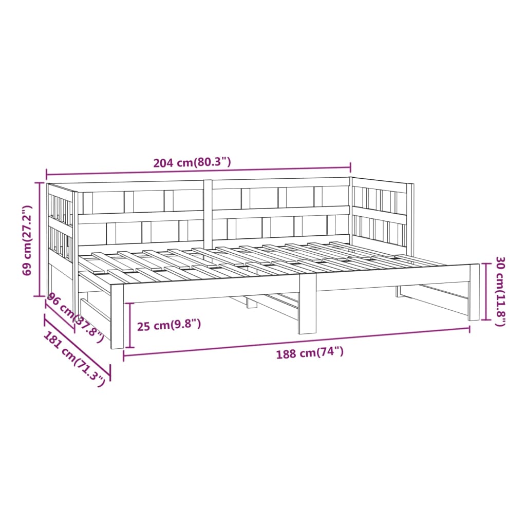 vidaXL Slaapbank uitschuifbaar massief grenenhout grijs 2x(90x200) cm