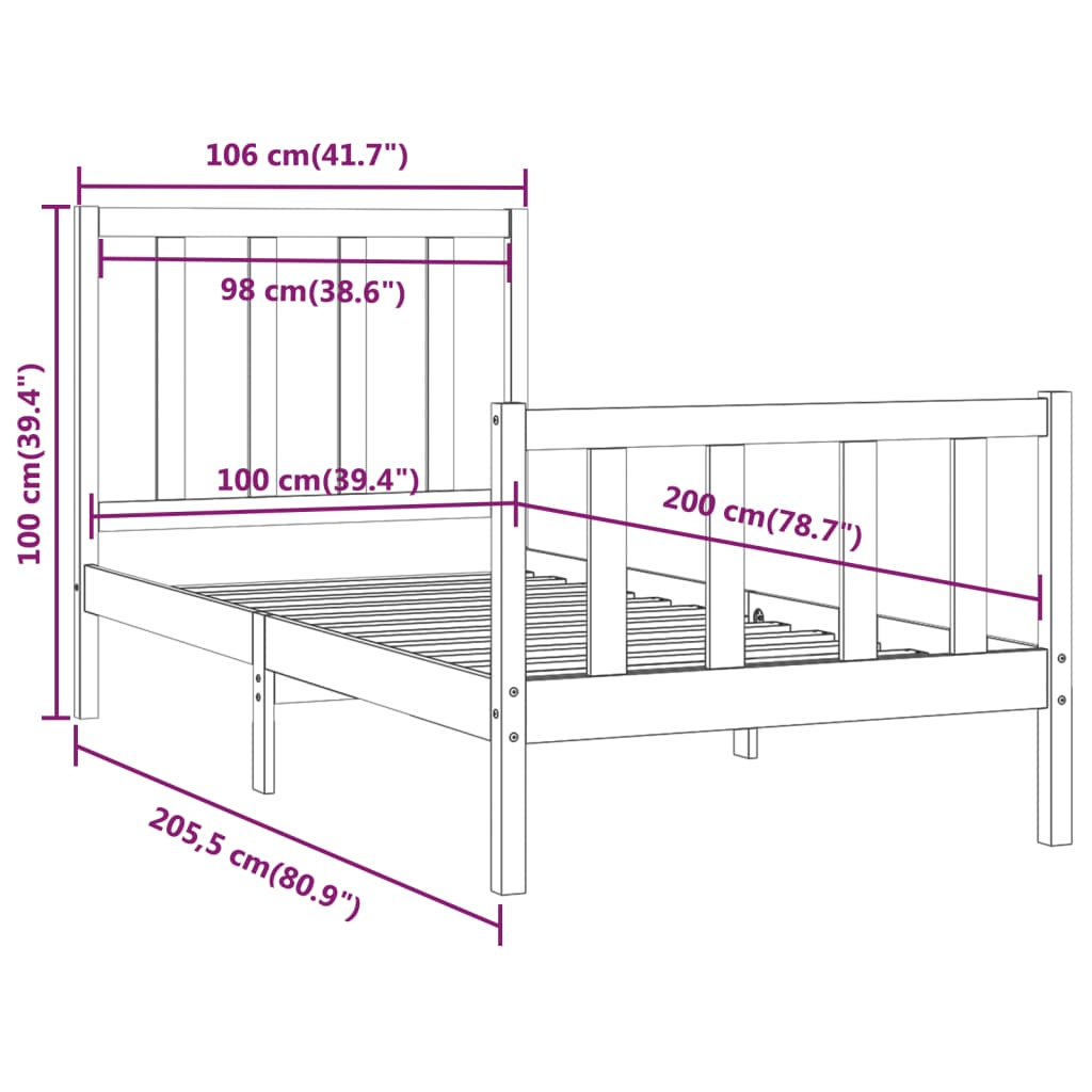 vidaXL Bedframe massief hout wit 100x200 cm