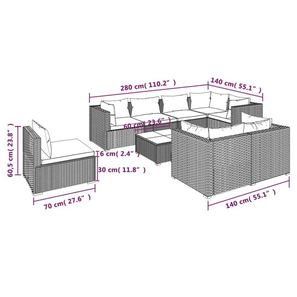 vidaXL 9-delige Loungeset met kussens poly rattan zwart