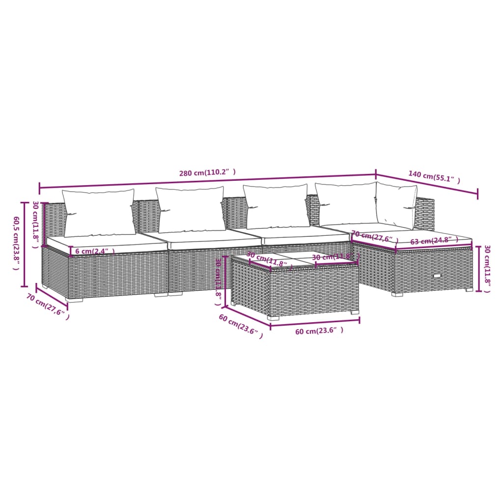 vidaXL 6-delige Loungeset met kussens poly rattan bruin