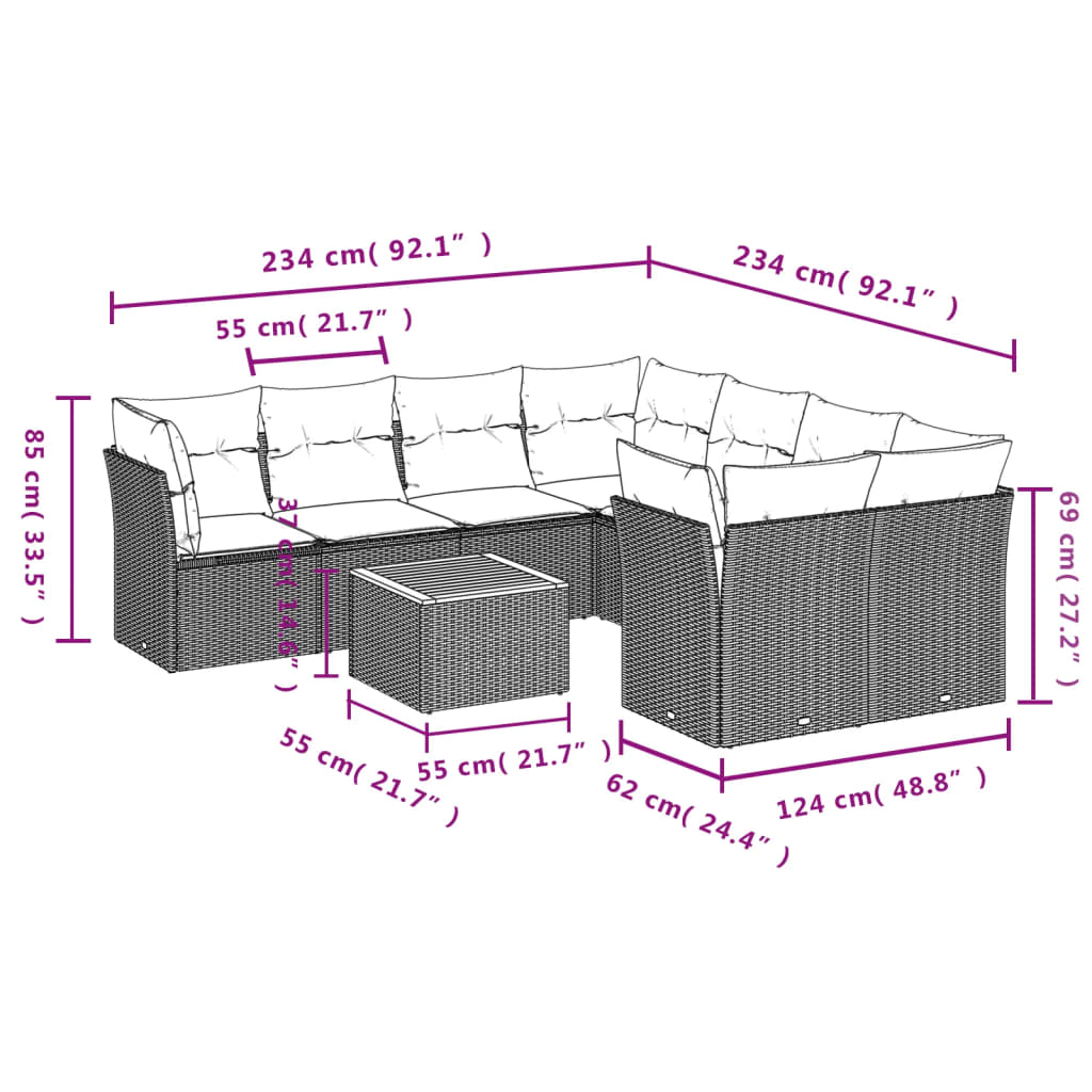 vidaXL 9-delige Loungeset met kussens poly rattan zwart