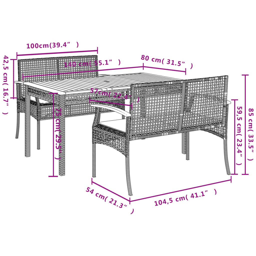 vidaXL 3-delige Tuinset met kussens poly rattan beige