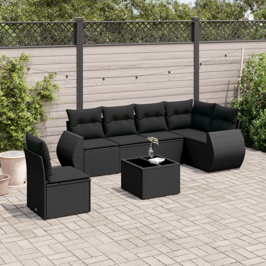 vidaXL 7-delige Loungeset met kussens poly rattan zwart