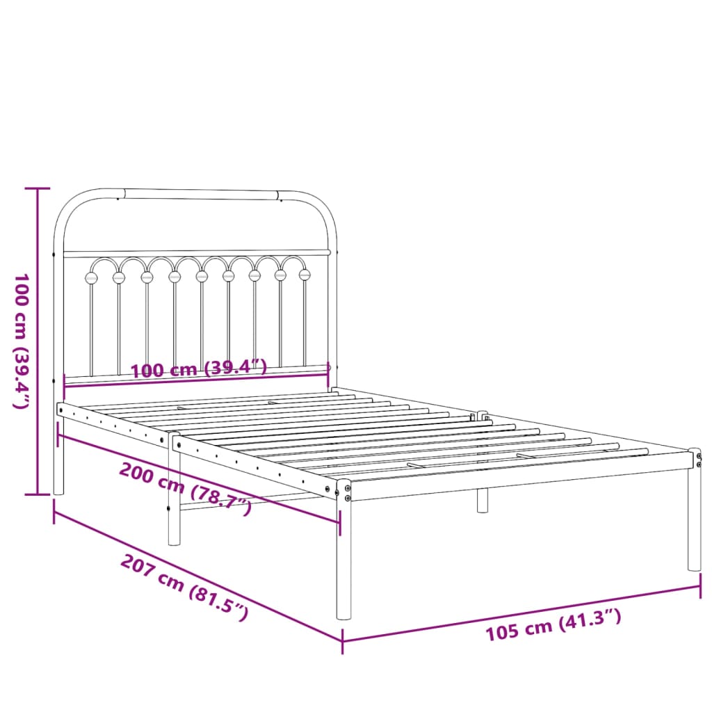 vidaXL Bedframe met hoofdbord metaal zwart 100x200 cm