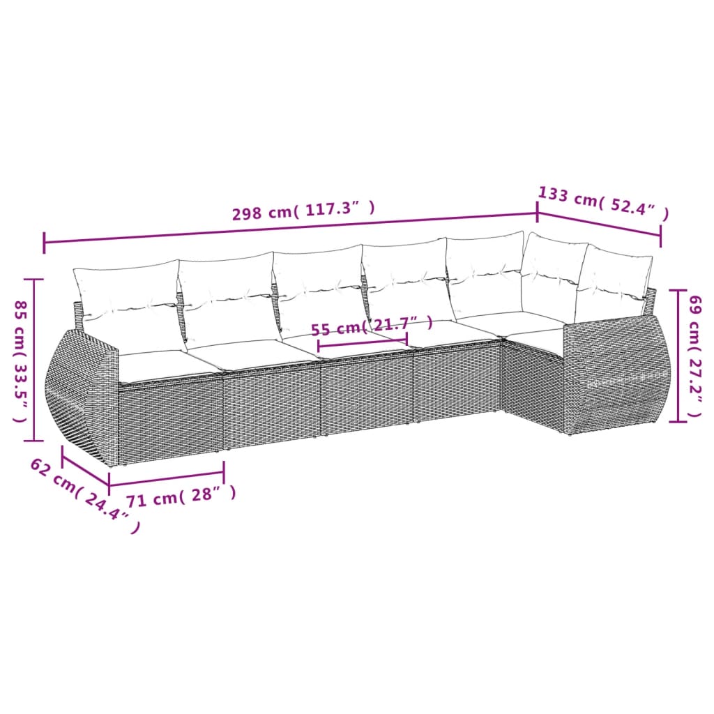 vidaXL 6-delige Loungeset met kussens poly rattan grijs