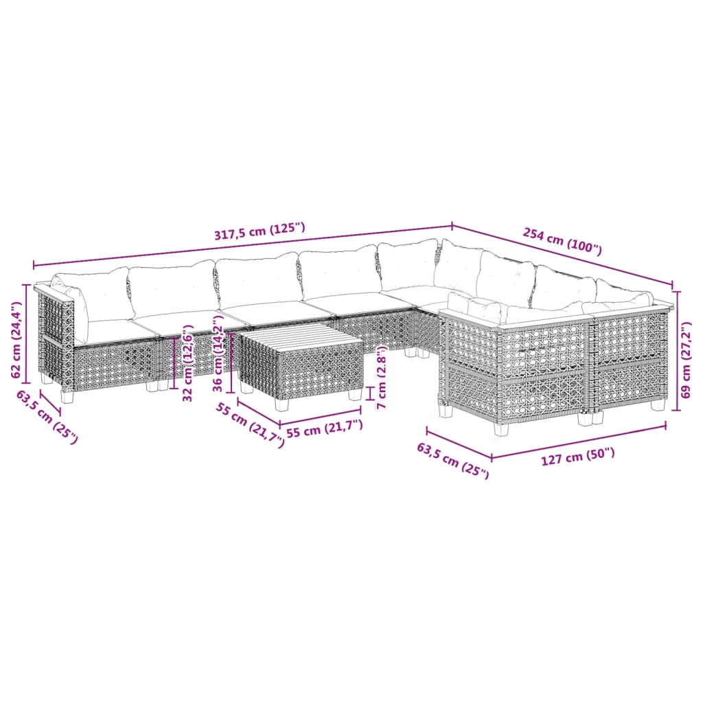 vidaXL 10-delige Loungeset met kussens poly rattan zwart