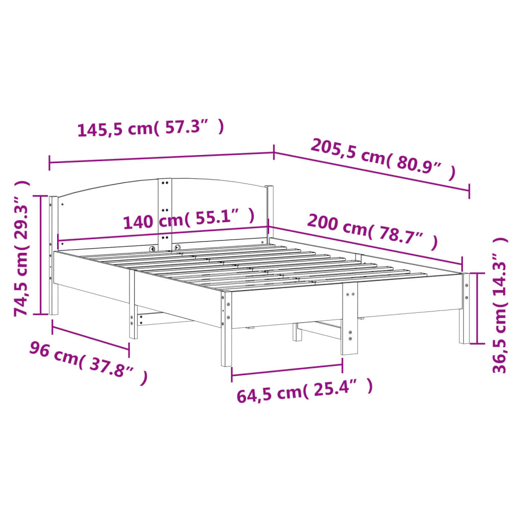 vidaXL Bedframe zonder matras massief grenenhout wit 140x200 cm