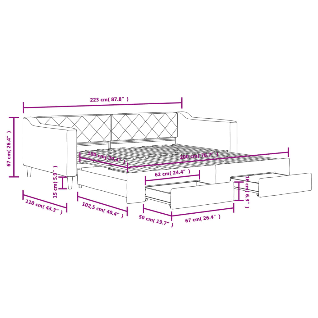 vidaXL Slaapbank met onderschuifbed en lades 100x200 cm stof crème