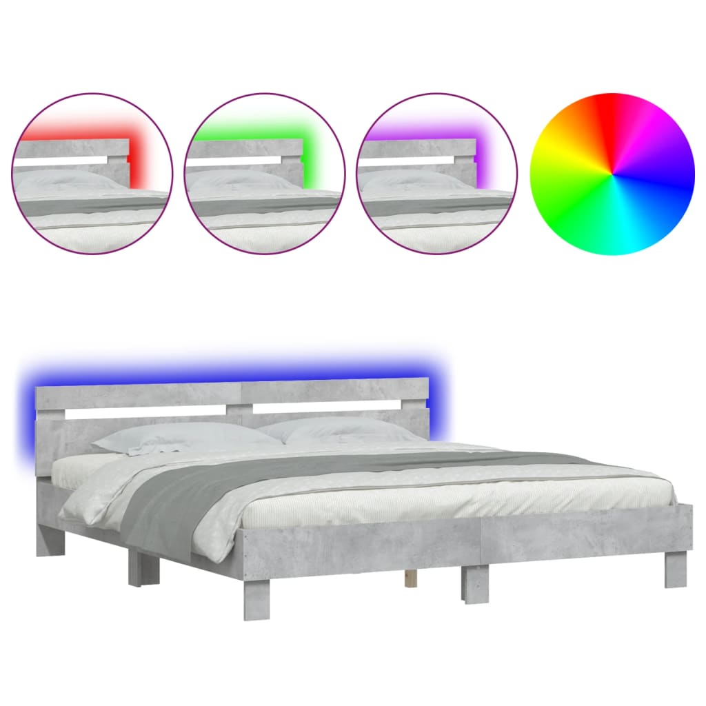 vidaXL Bedframe met hoofdeinde en LED-licht betongrijs 180x200 cm