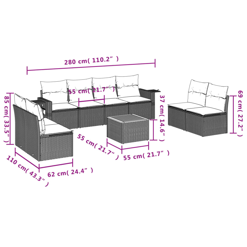 vidaXL 9-delige Loungeset met kussens poly rattan grijs