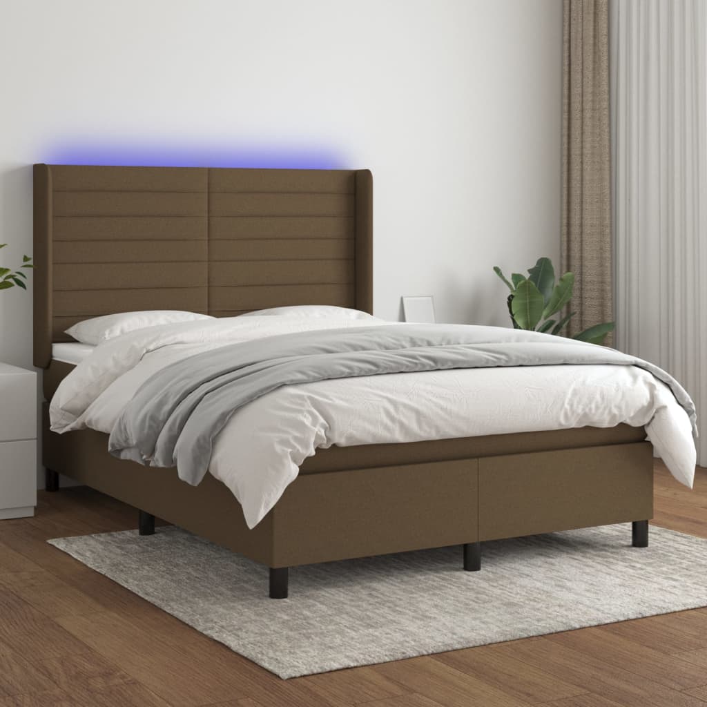 vidaXL Boxspring met matras en LED stof donkerbruin 140x200 cm