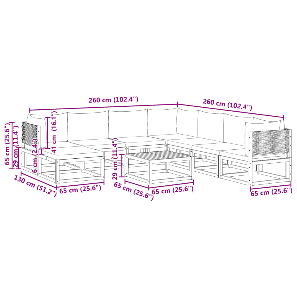 vidaXL 9-delige Loungeset met kussens massief acaciahout