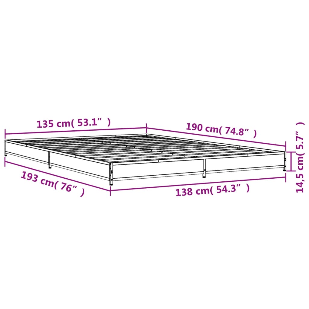 vidaXL Bedframe bewerkt hout metaal sonoma eikenkleurig 135x190 cm