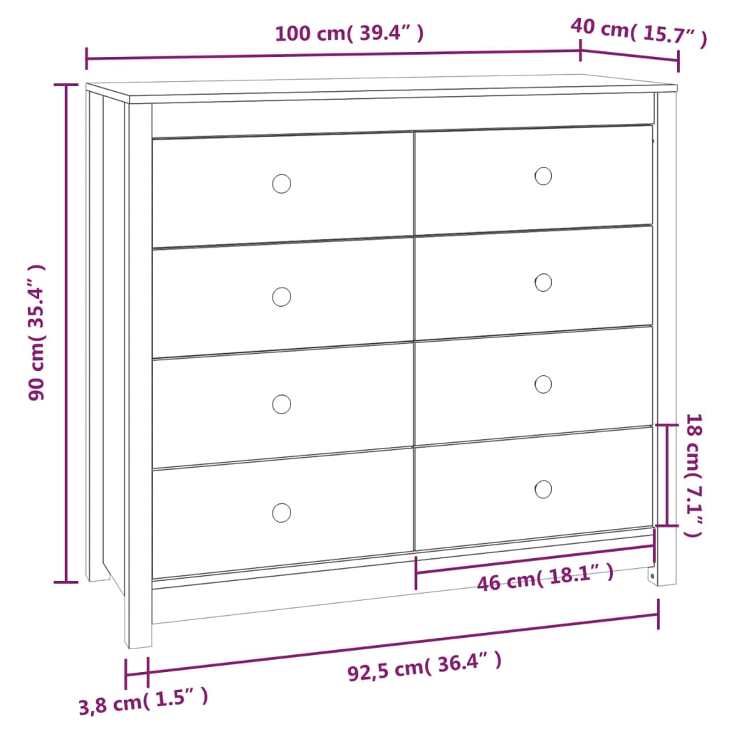 vidaXL Dressoir 100x40x90 cm massief grenenhout wit