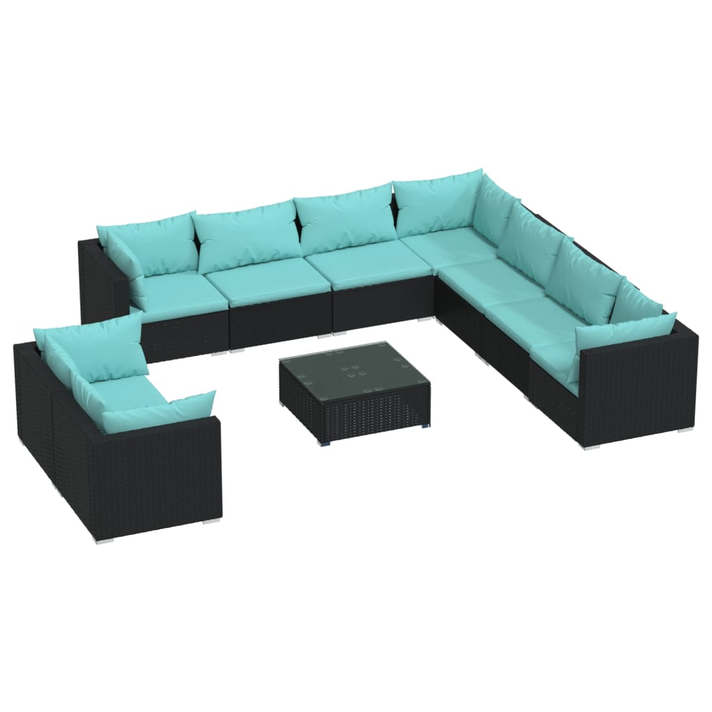 vidaXL 10-delige Loungeset met kussens poly rattan zwart